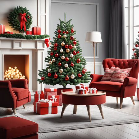 Modern living room decorated with Christmas trees, presents, and Christmas gift boxes under the tree.の素材