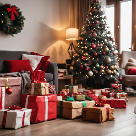 The living room is decorated with a Christmas tree and many different ornaments andgift boxes are on the rugの素材