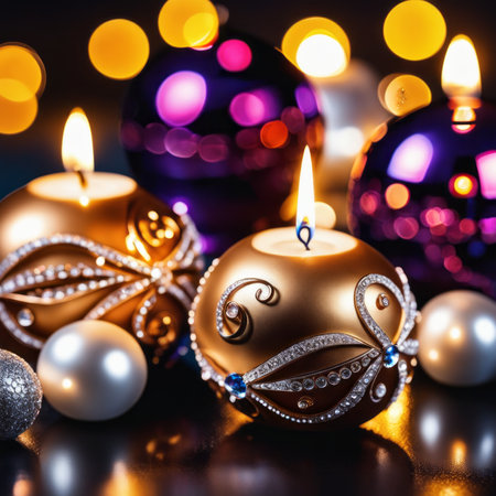 Home is decorated with Christmas ornaments, as well as a light decoration with candles.の素材