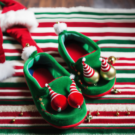 Two Christmas elf novelty green slippers with bells on the rug of the living room. The green shoes with red and white stripes and a red ball at the top of the horn.の素材