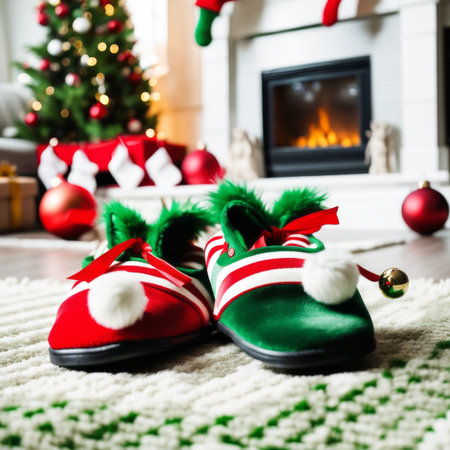Two Christmas elf novelty green slippers with bells on the rug of the living room. The green shoes with red and white stripes and a red ball at the top of the horn.の素材