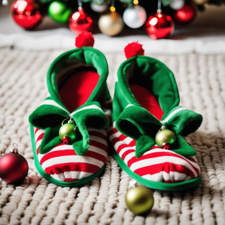 Two Christmas elf novelty green slippers with bells on the rug of the living room. The green shoes with red and white stripes and a red ball at the top of the horn.の素材