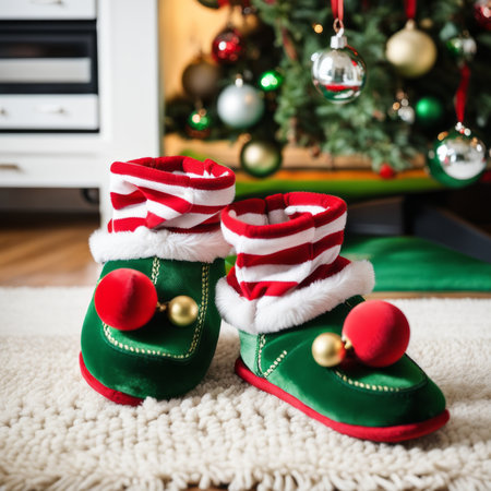 Two Christmas elf novelty green slippers with bells on the rug of the living room. The green shoes with red and white stripes and a red ball at the top of the horn.の素材