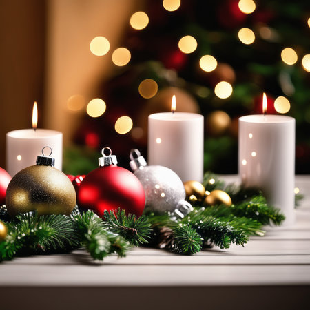 Home is decorated with Christmas ornaments, and gift boxes, as well as a light decoration with candles.の素材