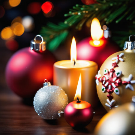 Home is decorated with Christmas ornaments, as well as a light decoration with candles.の素材