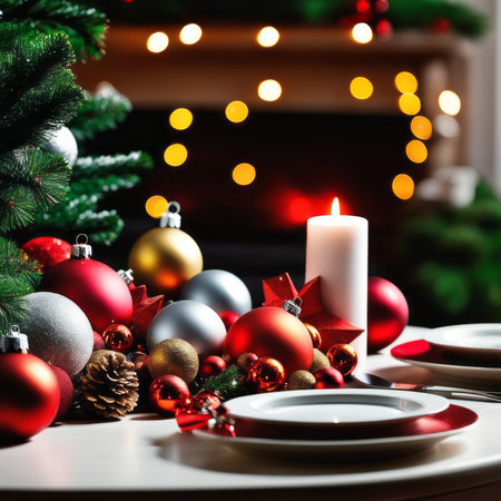 Home is decorated with Christmas ornaments, and gift boxes, as well as a light decoration with candles.の素材