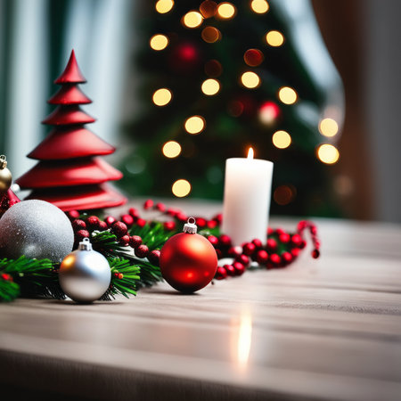 Home is decorated with Christmas ornaments, and gift boxes, as well as a light decoration with candles.の素材