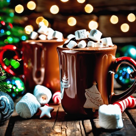 Two homemade hot chocolate mugs with marshmallows on rustic wooden Christmas table. A candy cane is on one mug. A lantern and Christmas ornaments are around the mugs. A Christmas tree branch and string lights in backgroundの素材