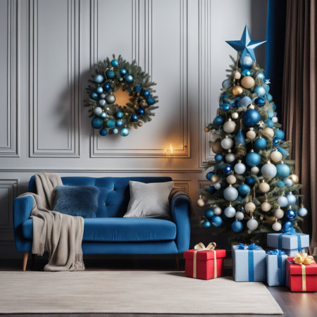 Entrance Of Living Room With Christmas Tree, Ornaments, Gift Boxes And Blue Sofaの素材