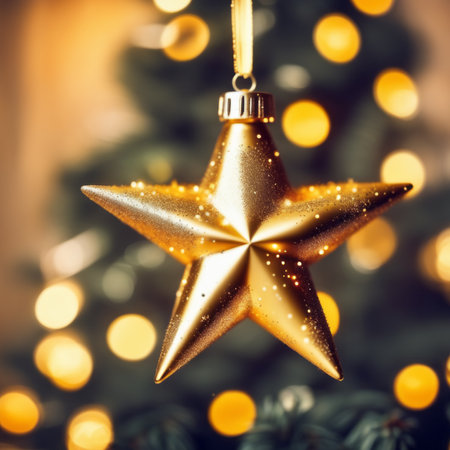 A sparkling golden Christmas star decorated with defocused bokehの素材