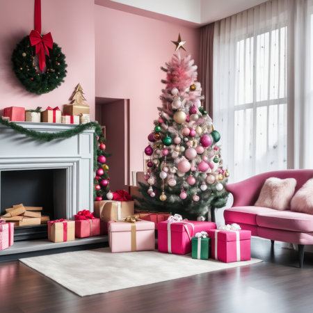 Entrance Of Living Room With Christmas Tree, Ornaments, Gift Boxes And Pink Sofaの素材