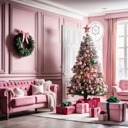 Entrance Of Living Room With Christmas Tree, Ornaments, Gift Boxes And Pink Sofaの素材