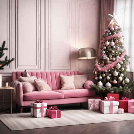 Entrance Of Living Room With Christmas Tree, Ornaments, Gift Boxes And Pink Sofaの素材