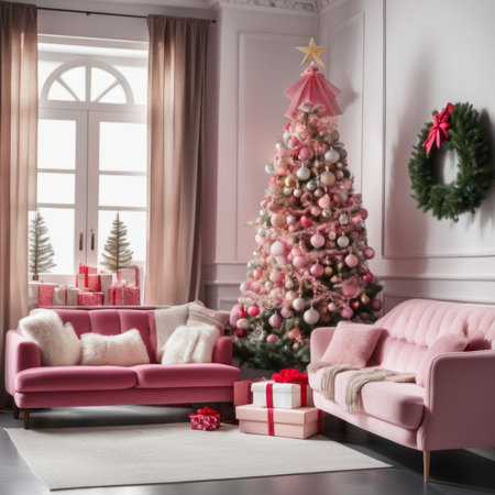 Entrance Of Living Room With Christmas Tree, Ornaments, Gift Boxes And Pink Sofaの素材