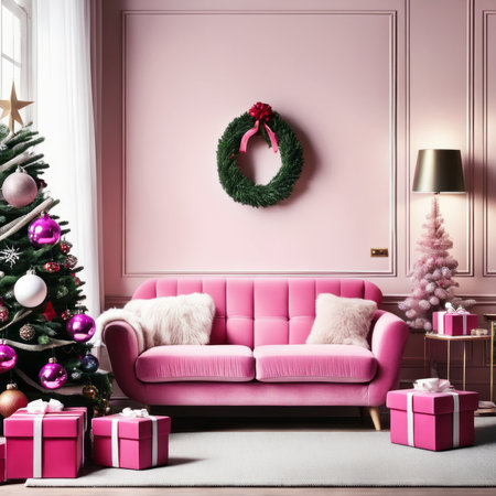 Entrance Of Living Room With Christmas Tree, Ornaments, Gift Boxes And Pink Sofaの素材