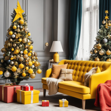 Entrance Of Living Room With Christmas Tree, Ornaments, Gift Boxes Around Yellow Sofaの素材