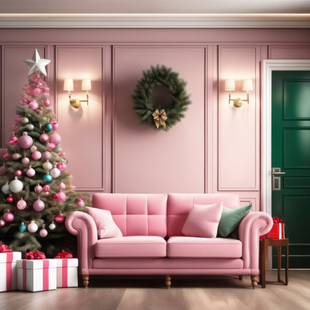 Entrance Of Living Room With Christmas Tree, Ornaments, Gift Boxes And Pink Sofaの素材