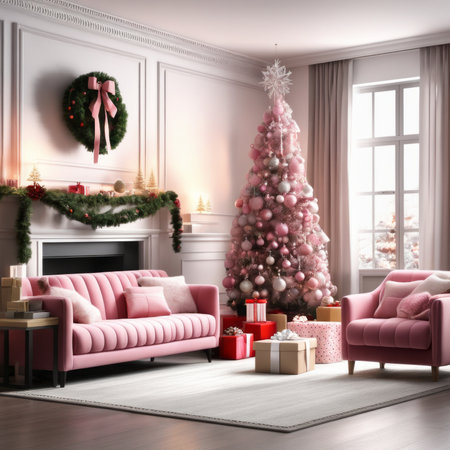 Entrance Of Living Room With Christmas Tree, Ornaments, Gift Boxes And Pink Sofaの素材