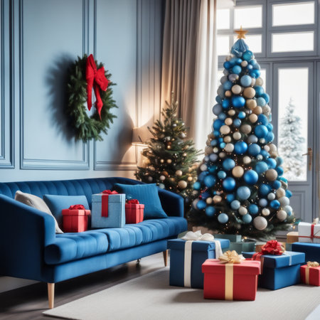 Entrance Of Living Room With Christmas Tree, Ornaments, Gift Boxes And Blue Sofaの素材