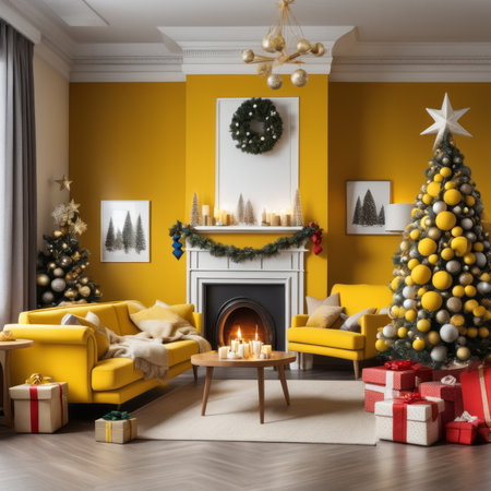 Entrance Of Living Room With Christmas Tree, Ornaments, Gift Boxes Around Yellow Sofaの素材