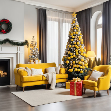 Entrance Of Living Room With Christmas Tree, Ornaments, Gift Boxes Around Yellow Sofaの素材