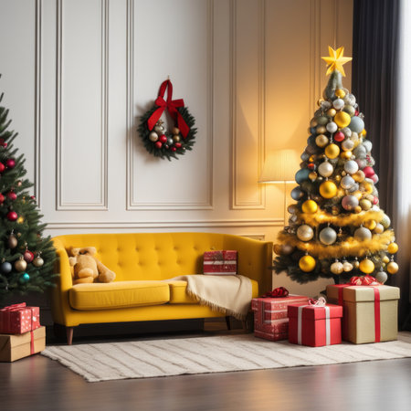 Entrance Of Living Room With Christmas Tree, Ornaments, Gift Boxes Around Yellow Sofaの素材