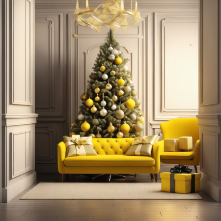 Entrance Of Living Room With Christmas Tree, Ornaments, Gift Boxes Around Yellow Sofaの素材