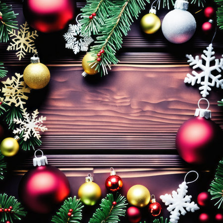 Christmas ornaments and fir tree decoration on wooden background.の素材