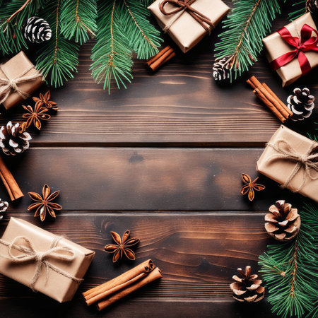 Christmas with gift boxes, fir tree branches, cinnamon sticks, and pine cones on a wooden background.の素材