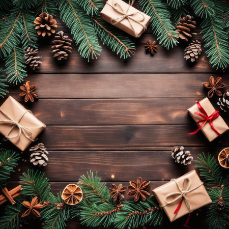Christmas with gift boxes, fir tree branches, cinnamon sticks, and pine cones on a wooden background.の素材