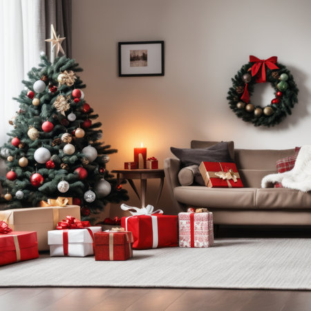 The living room is decorated with a Christmas tree and many different ornaments andgift boxes are on the rugの素材