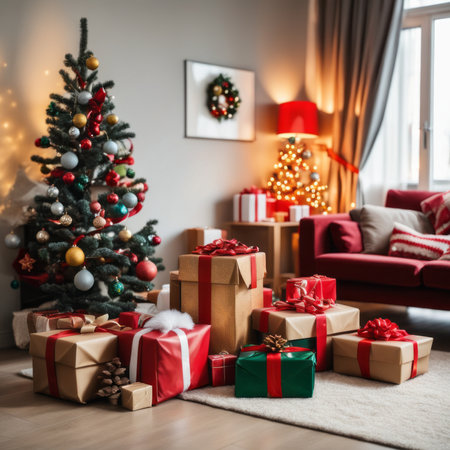 The living room is decorated with a Christmas tree and many different ornaments andgift boxes are on the rugの素材