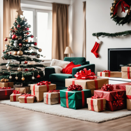 The living room is decorated with a Christmas tree and many different ornaments andgift boxes are on the rugの素材
