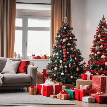 The living room is decorated with a Christmas tree and many different ornaments andgift boxes are on the rugの素材