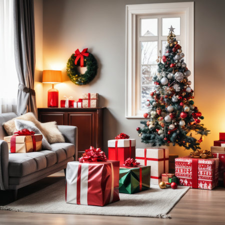 The living room is decorated with a Christmas tree and many different ornaments andgift boxes are on the rugの素材