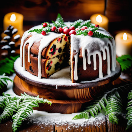 Gingerbread cake for Christmas with lingonberry and christmas decorations over wool white background. Homemade lemon bundt cake with glaze and icing sugar.の素材
