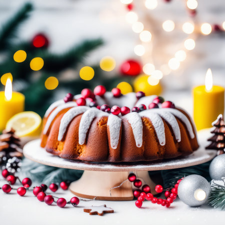 Gingerbread cake for Christmas with lingonberry and christmas decorations over wool white background. Homemade lemon bundt cake with glaze and icing sugar.の素材