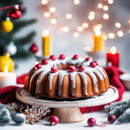 Gingerbread cake for Christmas with lingonberry and christmas decorations over wool white background. Homemade lemon bundt cake with glaze and icing sugar.の素材