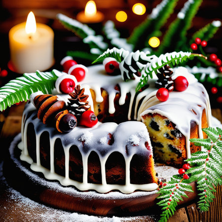 Gingerbread cake for Christmas with lingonberry and christmas decorations over wool white background. Homemade lemon bundt cake with glaze and icing sugar.の素材