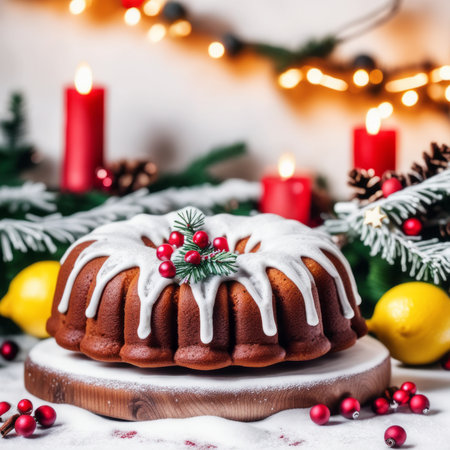 Gingerbread cake for Christmas with lingonberry and christmas decorations over wool white background. Homemade lemon bundt cake with glaze and icing sugar.の素材