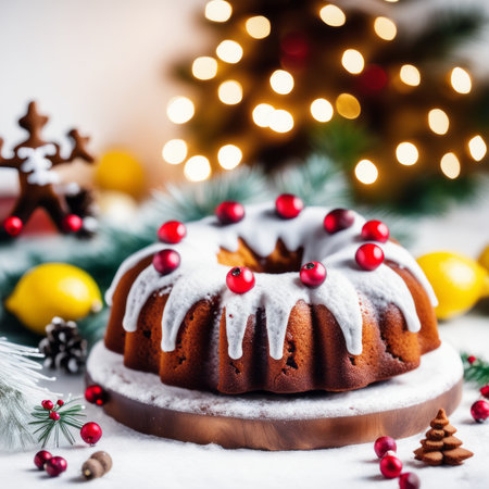 Gingerbread cake for Christmas with lingonberry and christmas decorations over wool white background. Homemade lemon bundt cake with glaze and icing sugar.の素材