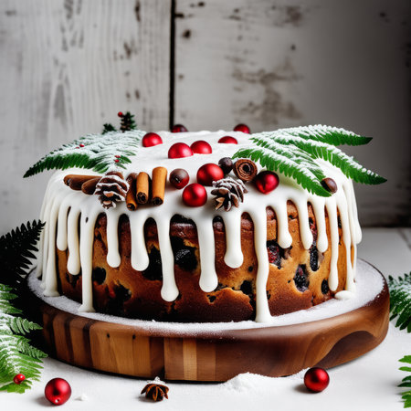 Gingerbread cake for Christmas with lingonberry and christmas decorations over wool white background. Homemade lemon bundt cake with glaze and icing sugar.の素材