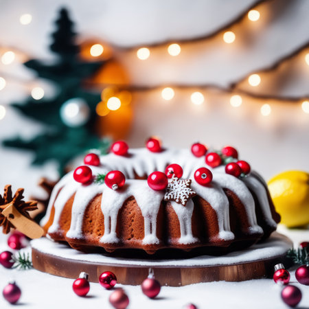 Gingerbread cake for Christmas with lingonberry and christmas decorations over wool white background. Homemade lemon bundt cake with glaze and icing sugar.の素材
