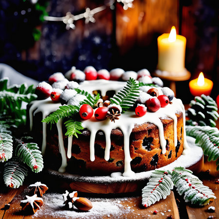 Gingerbread cake for Christmas with lingonberry and christmas decorations over wool white background. Homemade lemon bundt cake with glaze and icing sugar.の素材