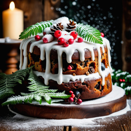 Gingerbread cake for Christmas with lingonberry and christmas decorations over wool white background. Homemade lemon bundt cake with glaze and icing sugar.の素材