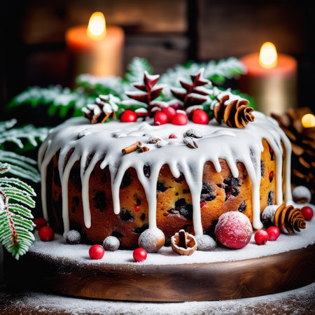 Gingerbread cake for Christmas with lingonberry and christmas decorations over wool white background. Homemade lemon bundt cake with glaze and icing sugar.の素材
