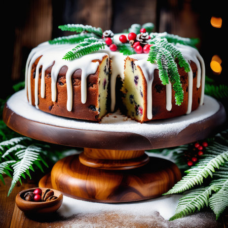 Gingerbread cake for Christmas with lingonberry and christmas decorations over wool white background. Homemade lemon bundt cake with glaze and icing sugar.の素材