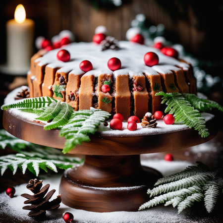 Gingerbread cake for Christmas with lingonberry and christmas decorations over wool white background. Homemade lemon bundt cake with glaze and icing sugar.の素材