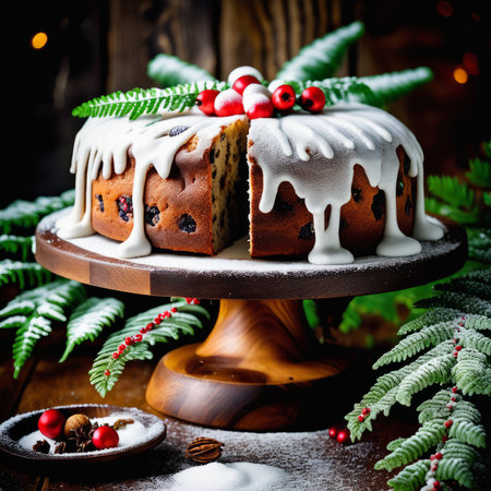 Gingerbread cake for Christmas with lingonberry and christmas decorations over wool white background. Homemade lemon bundt cake with glaze and icing sugar.の素材