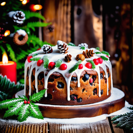 Gingerbread cake for Christmas with lingonberry and christmas decorations over wool white background. Homemade lemon bundt cake with glaze and icing sugar.の素材